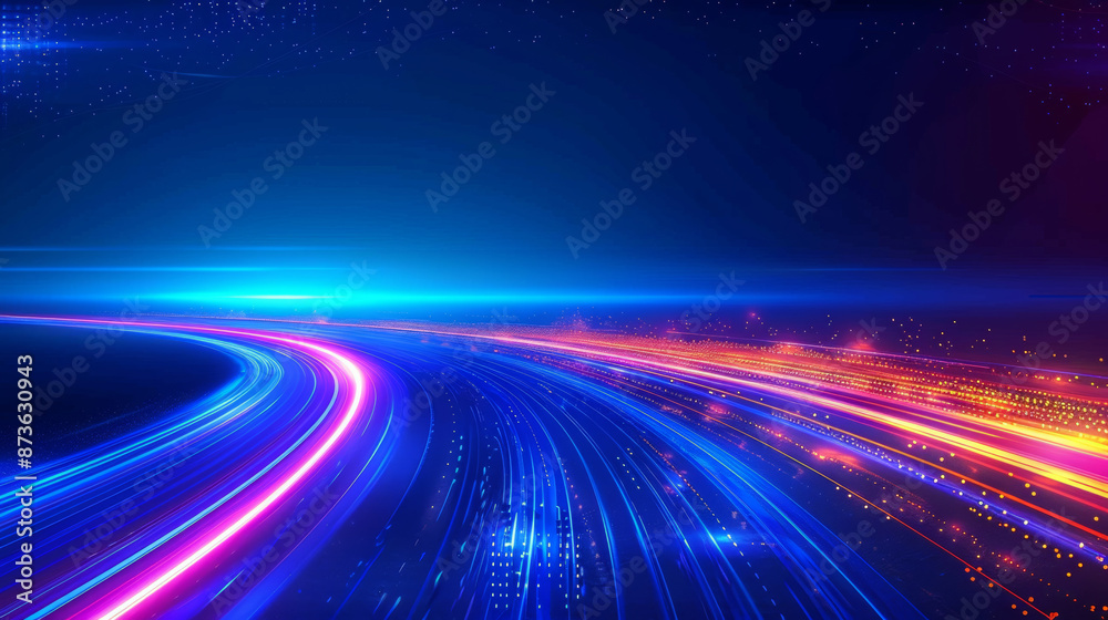 Abstract blue background with speed light effect and glowing road lines on dark night sky, motion blur, glowing lights on the horizon, minimalism