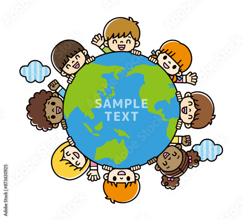 主線なしの青と緑の地球から笑顔で挨拶する様々な人種のかわいい子供たちのイラスト