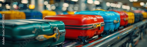 Colorful Suitcases Moving on a Conveyor Belt at an Airport