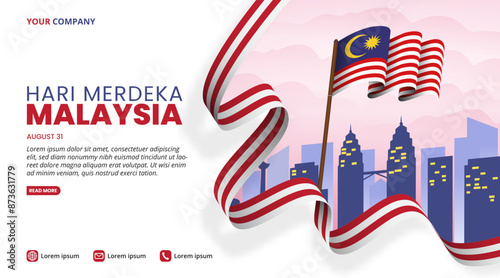 Hari Merdeka Malaysia or Malaysia Independence Day background with a waving flag and buildings