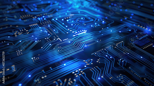Abstract technology background. Abstract blue glowing circuit board background. Futuristic blue circuit board. Digital technology. Digital data network. Modern technology circuit board texture. 
