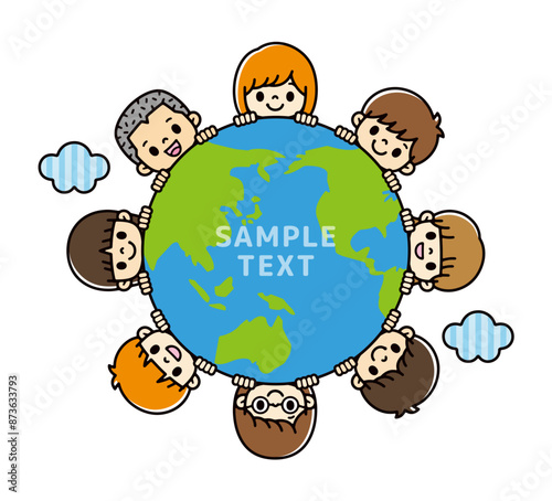 主線なしの青と緑の地球から顔を出しているかわいい子供たちのイラスト
