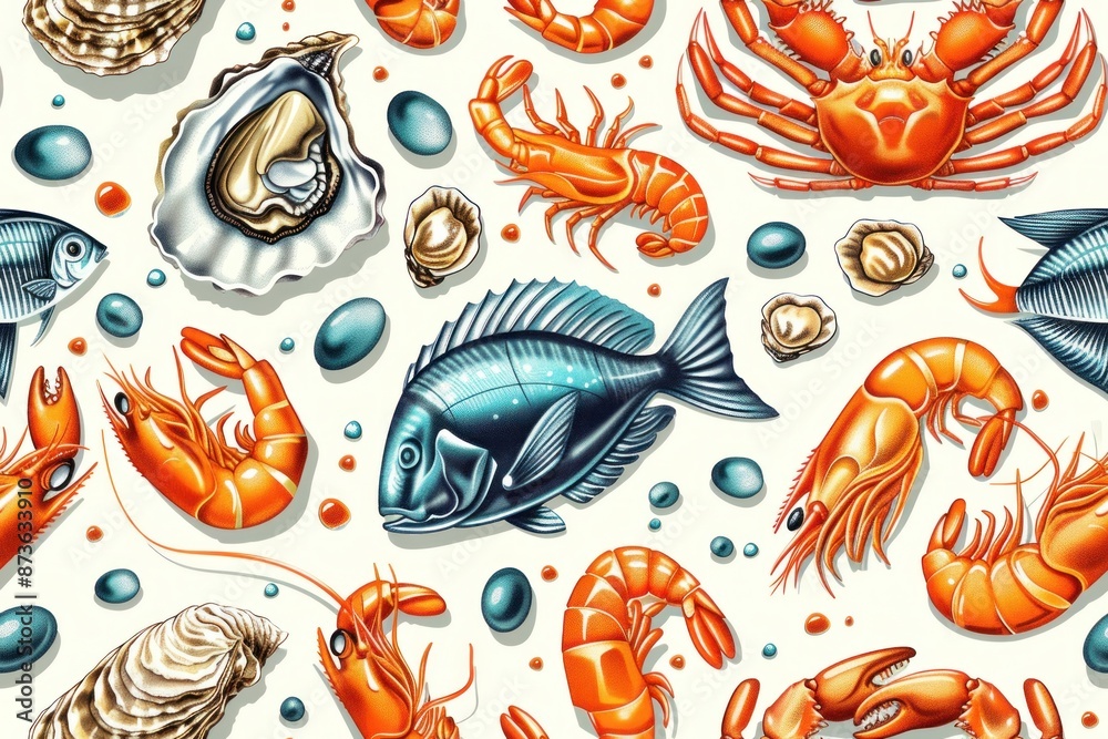 Naklejka premium An illustration of different seafood items including fish, shrimp, crabs, and oysters in a seamless pattern. The 2D cartoon style adds a playful and colorful touch to each item, with bright and