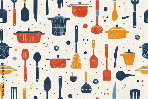 A seamless pattern with various kitchen utensils like spoons, forks, knives, and cooking pots illustrated in a cartoon style. The 2D design uses bright, cheerful colors to make the utensils stand out