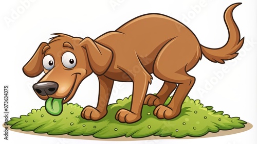 A cartoon illustration of a brown dog in a humorous, embarrassing position, defecating a green pile with a funny expression. photo