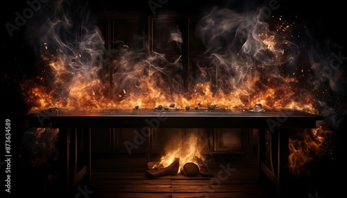 Wallpaper Mural Wooden table with burning fire and bokeh lights on background Torontodigital.ca