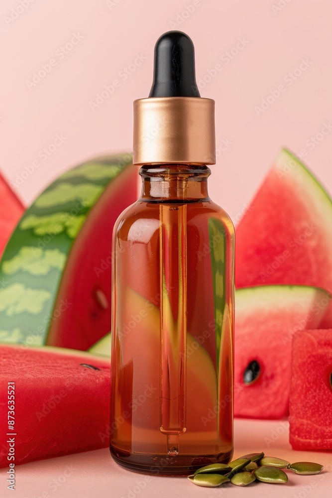Watermelon Seed Oil in an elegant bottle, with watermelon seeds and slices, set against a vibrant summer backdrop, photorealistic and natural beauty Watermelon Seed Oil in an elegant bottle, with watermelon seeds and slices, set against a vibrant summer backdrop, photorealistic and natural beauty
