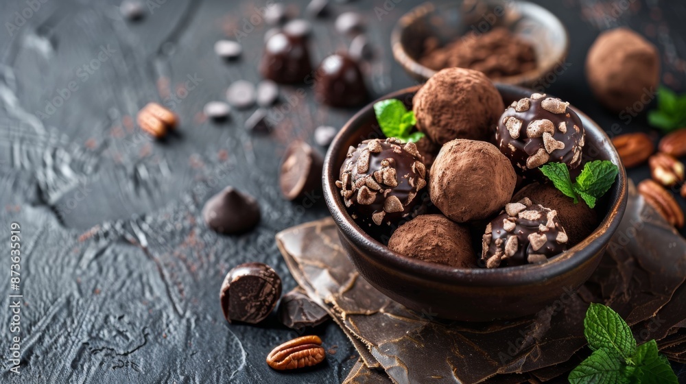 Assorted chocolate truffles on a rustic table