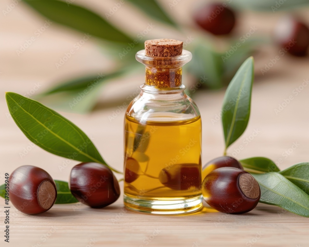 Tamanu Oil in a chic bottle, with tamanu nuts and leaves, set on a natural wood surface, photorealistic and premium Tamanu Oil in a chic bottle, with tamanu nuts and leaves, set on a natural wood surface, photorealistic and premium