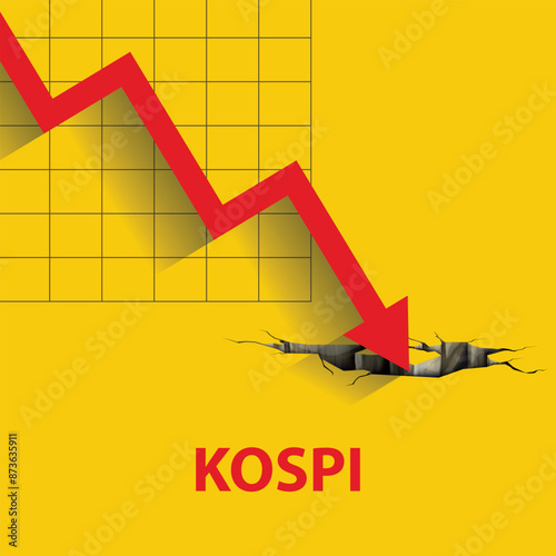  KOSPI crash , stock market crash and bear market concept. The KOSPI (Korea Composite Stock Price Index) is located in South Korea and is associated with the Korea Exchange (KRX).