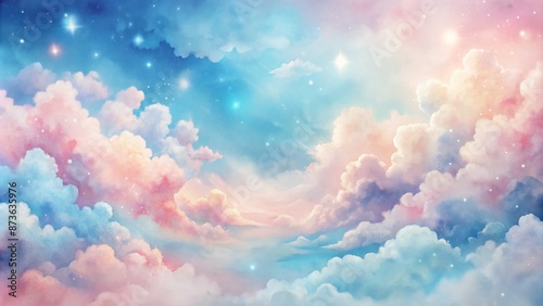 Delicate, whimsical watercolor clouds drift across a gentle, ombre pink and blue pastel background, evoking a sense of serenity and wonder.