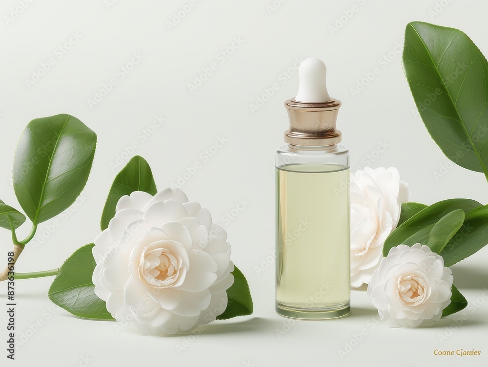 Camellia Oil in an elegant container, with camellia flowers and leaves, on a serene garden setting, photorealistic and premium Camellia Oil in an elegant container, with camellia flowers and leaves, on a serene garden setting, photorealistic and premium