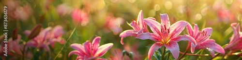 Elegant summer meadow with pink lilies, providing extensive copy space for text, suitable for nature and wellness themes.