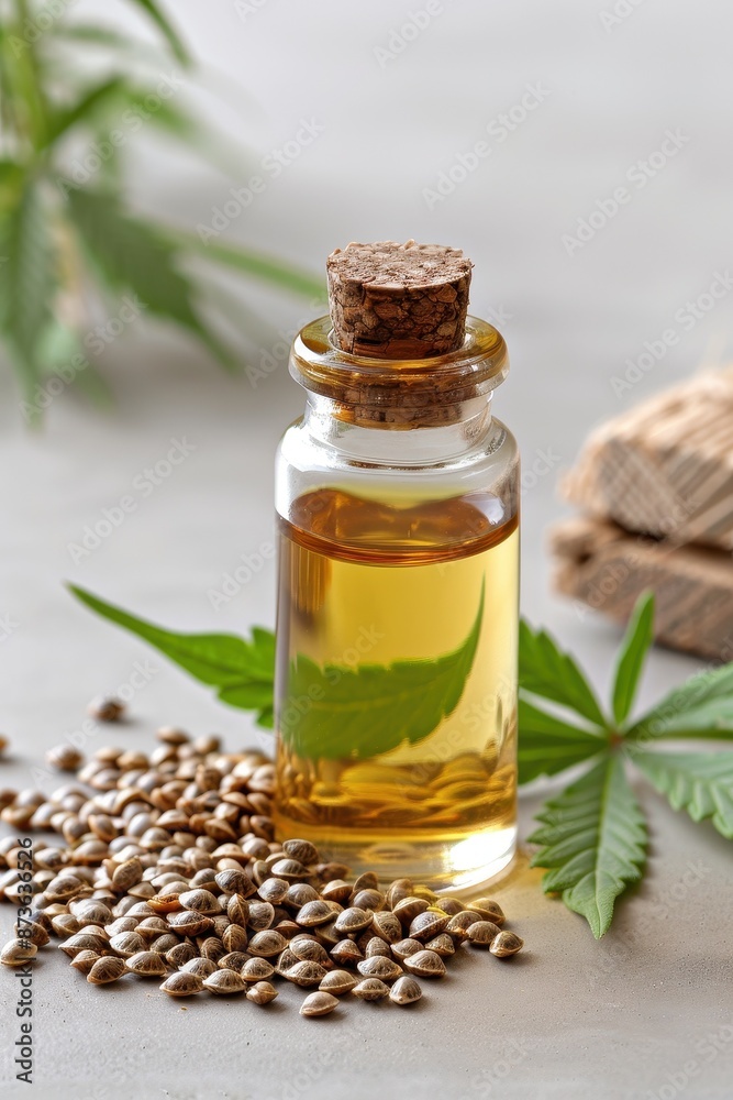 Hemp Seed Oil in a sleek bottle, with hemp seeds and leaves, on a rustic wooden table, photorealistic and natural beauty Hemp Seed Oil in a sleek bottle, with hemp seeds and leaves, on a rustic wooden table, photorealistic and natural beauty