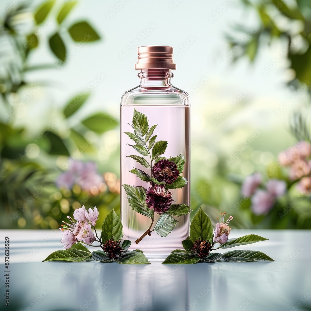 Witch Hazel Extract in a refined bottle, with witch hazel flowers and leaves, set against a forest background, photorealistic and natural beauty Witch Hazel Extract in a refined bottle, with witch hazel flowers and leaves, set against a forest background, photorealistic and natural beauty