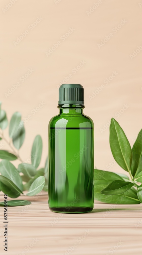 Tea Tree Oil in a stylish green bottle, with tea tree leaves and a wooden background, photorealistic and natural beauty Tea Tree Oil in a stylish green bottle, with tea tree leaves and a wooden background, photorealistic and natural beauty
