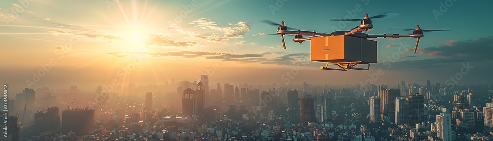 Fototapeta premium Drone delivering package over city skyline at sunset.