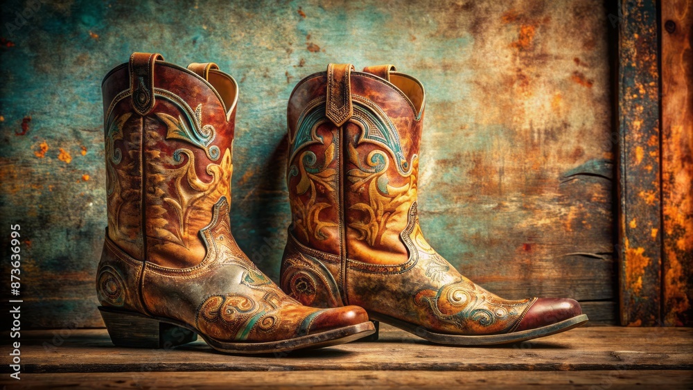 Western-inspired, distressed, and ornate cowboy boot shapes scattered on a weathered, vintage-style background with a retro flair. Western-inspired, distressed, and ornate cowboy boot shapes scattered on a weathered, vintage-style background with a retro flair.