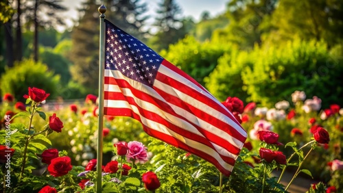 A solemn yet vibrant American flag waves gently in the breeze, set against a serene background of memorial roses and verdant greenery.