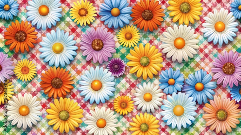 Vibrant colorful daisy flowers scattered across a retro checkered background, exuding warmth and charm, perfect for spring and summer designs. Vibrant colorful daisy flowers scattered across a retro checkered background, exuding warmth and charm, perfect for spring and summer designs.