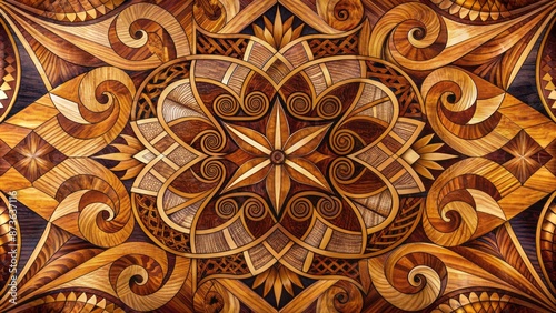 Intricate, handcrafted wooden marquetry design explodes in vibrant colors, swirling patterns, and geometric shapes against a rich, dark background.