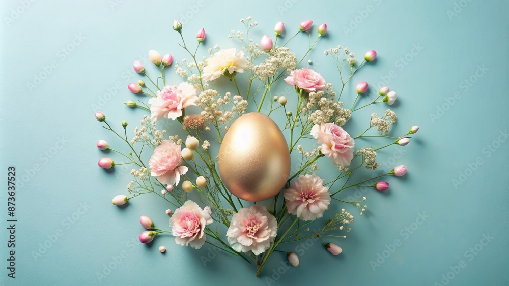 Delicate gypsophila and carnations in soft pastel hues surround a luxurious gold egg on a serene light blue background with ample space. Delicate gypsophila and carnations in soft pastel hues surround a luxurious gold egg on a serene light blue background with ample space.