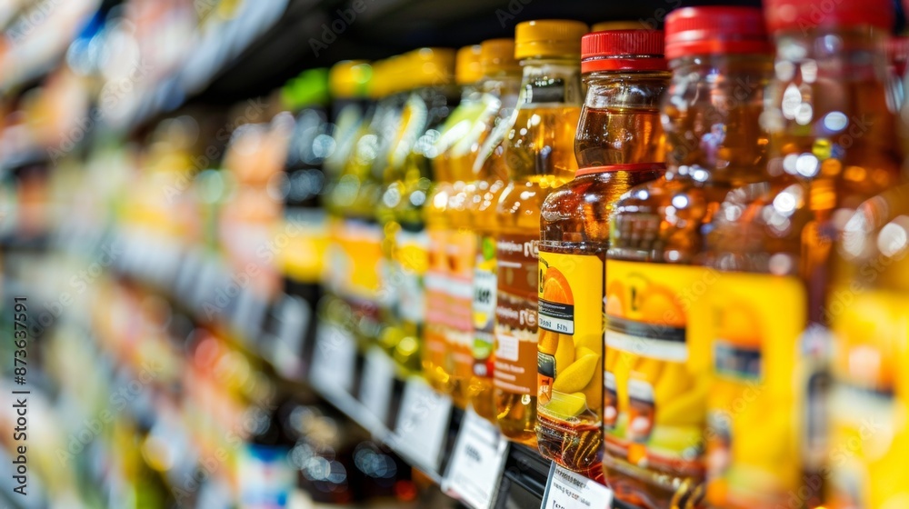 Fototapeta premium Bottled drinks on store shelf with blurred background