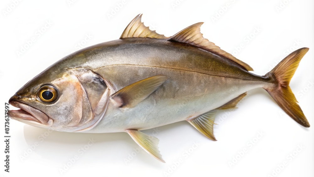 Freshly caught amberjack fish lying on a pristine white background, scales glistening with dew, eyes staring blankly upwards. Freshly caught amberjack fish lying on a pristine white background, scales glistening with dew, eyes staring blankly upwards.
