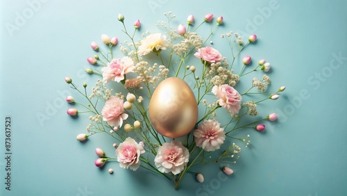 Delicate gypsophila and carnations in soft pastel hues surround a luxurious gold egg on a serene light blue background with ample space.