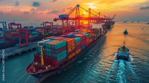 A cargo ship with colorful containers is docked at a busy port, with a tugboat assisting. The sunset casts a warm glow over the scene. photo