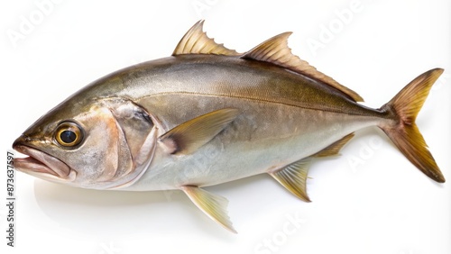 Freshly caught amberjack fish lying on a pristine white background, scales glistening with dew, eyes staring blankly upwards.