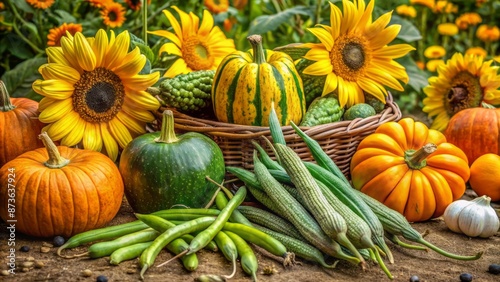 Vibrant green beans entwine corn stalks, while sprawling pumpkins and squashes blanket the soil, showcasing Three Sisters harmony in nature.