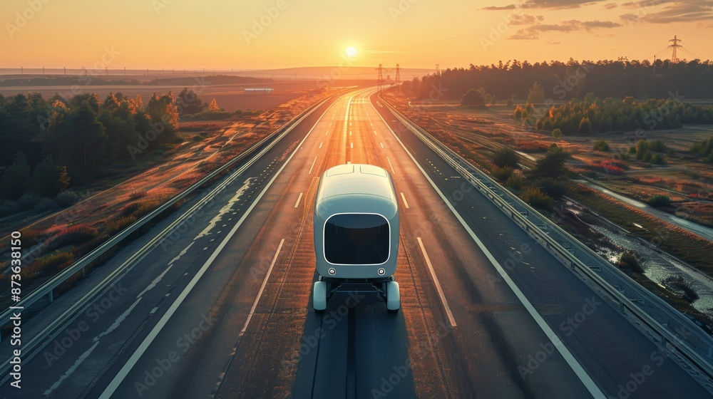 A white autonomous vehicle drives on a highway at sunset. The sun is setting in the distance, creating a golden glow over the landscape. The road is empty except for the vehicle. A white autonomous vehicle drives on a highway at sunset. The sun is setting in the distance, creating a golden glow over the landscape. The road is empty except for the vehicle.