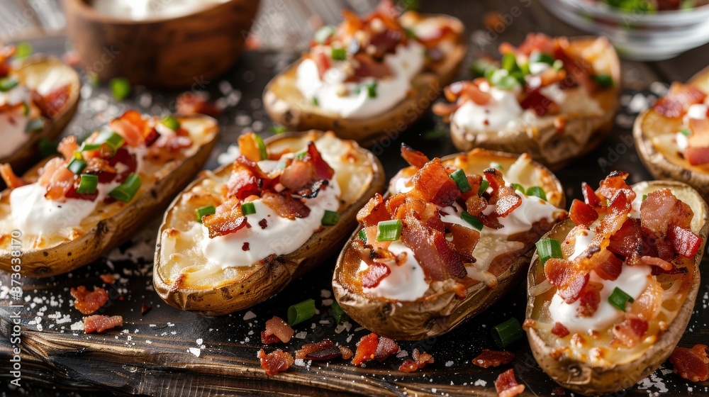 Rustic Potato Skins Loaded with Cheese, Bacon, and Sour Cream Close-up, Comfort Food Photography, Delicious Baked Potatoes with Toppings Rustic Potato Skins Loaded with Cheese, Bacon, and Sour Cream Close-up, Comfort Food Photography, Delicious Baked Potatoes with Toppings
