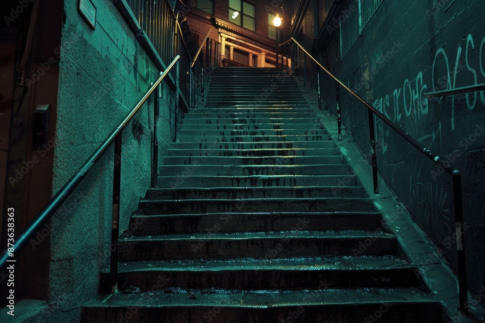 Moody, nighttime shot of an urban staircase illuminated by eerie lights, surrounded by graffiti Moody, nighttime shot of an urban staircase illuminated by eerie lights, surrounded by graffiti