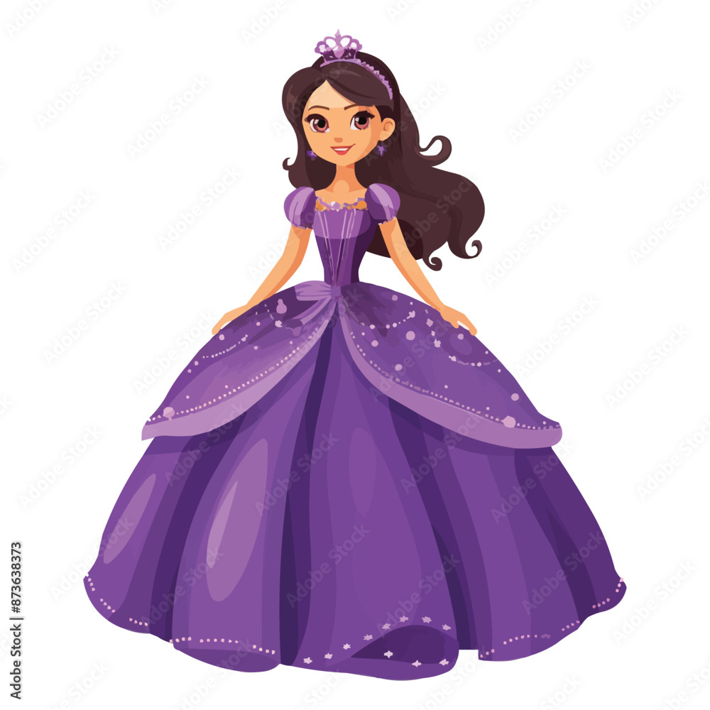 Cartoon beautiful princess in purple dress isolated on white solid background Cartoon beautiful princess in purple dress isolated on white solid background
