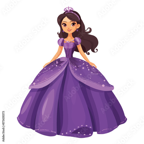 Cartoon beautiful princess in purple dress isolated on white solid background