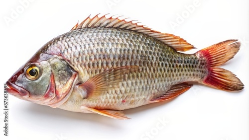 Freshly caught tilapia fish, glistening with moisture, lies on a clean white background, showcasing its vibrant scales.