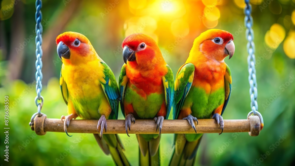 Obraz premium Vibrant parakeets with bright plumage perch on a colorful swing amidst lush greenery, evoking a sense of carefree joy and innocence.