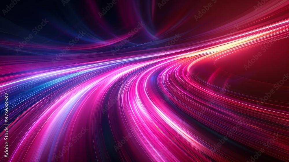 Abstract light trails in pink, blue, and white swirl through a dark background. Abstract light trails in pink, blue, and white swirl through a dark background.