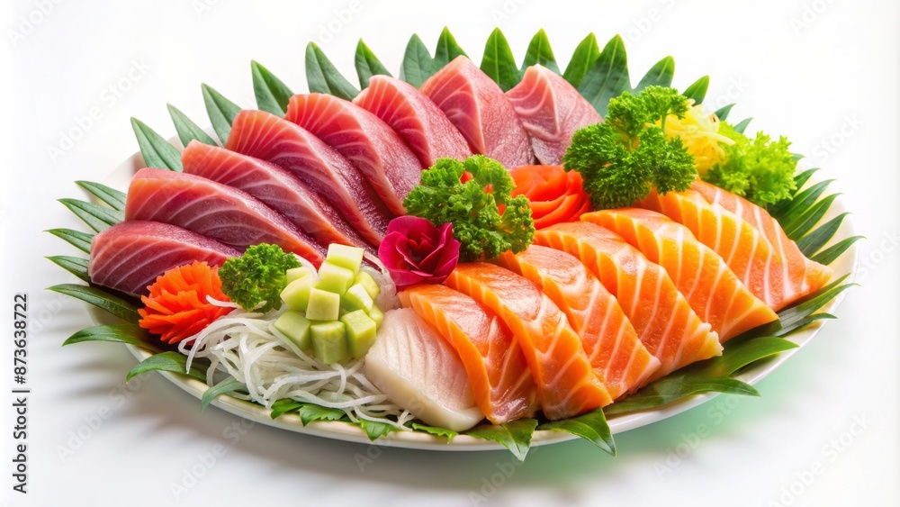 Freshly cut, delicate, artistically arranged, pristine raw sashimi slices lay elegantly isolated on a clean, crisp, purely white background surface. Freshly cut, delicate, artistically arranged, pristine raw sashimi slices lay elegantly isolated on a clean, crisp, purely white background surface.
