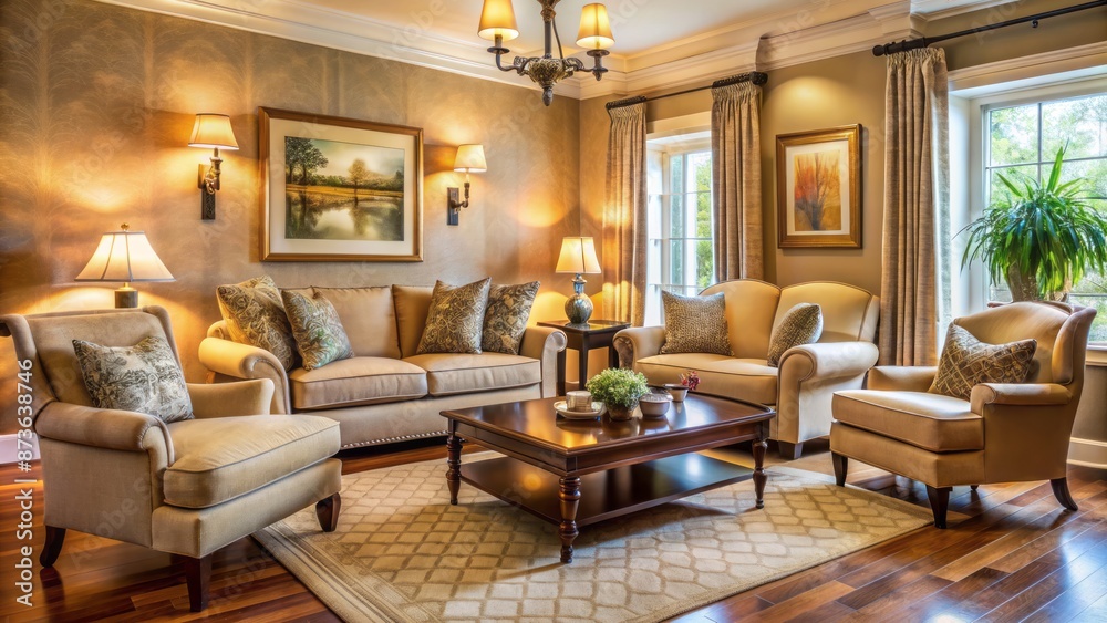 Fototapeta premium Cozy living room with comfortable furniture, warm lighting, and tasteful decor, evoking a sense of serenity and relaxation atmosphere.