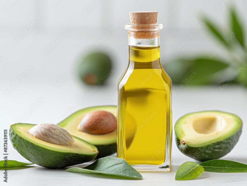 Avocado Oil in a luxurious bottle, with avocado slices and leaves, set on a kitchen counter, photorealistic and natural beauty Avocado Oil in a luxurious bottle, with avocado slices and leaves, set on a kitchen counter, photorealistic and natural beauty