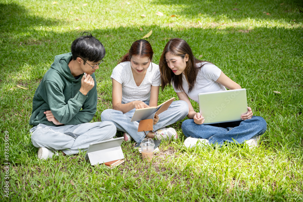 A group of cheerful Asian students in casual clothes sits and talks in the green park, enjoying their conversation while working on their co-project together. A group of cheerful Asian students in casual clothes sits and talks in the green park, enjoying their conversation while working on their co-project together.