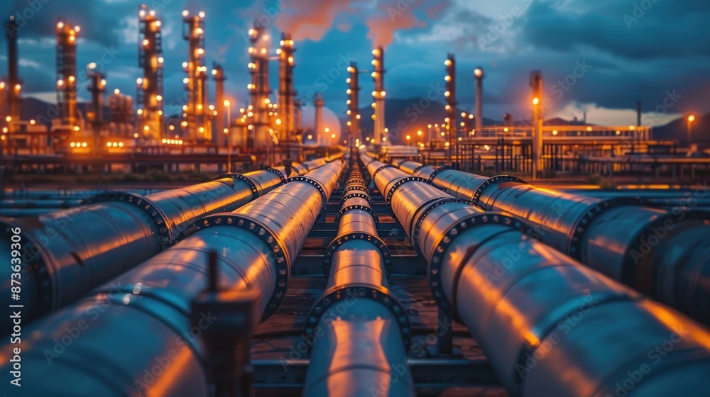 A detailed view of industrial pipelines at dusk, with factory lights illuminating the scene, representing the energy and manufacturing industries A detailed view of industrial pipelines at dusk, with factory lights illuminating the scene, representing the energy and manufacturing industries
