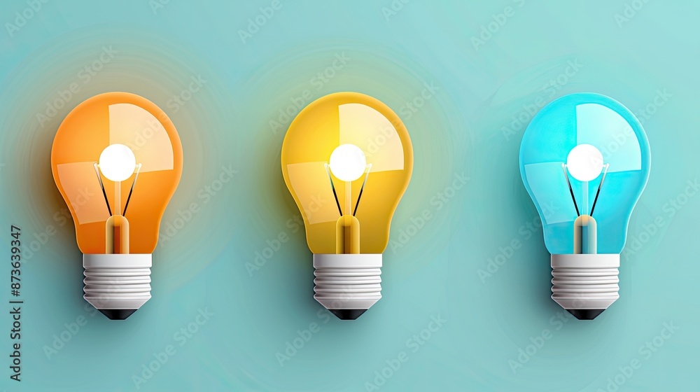 Three light bulbs in different colors, yellow and blue, against a pastel blue background, glowing brightly Three light bulbs in different colors, yellow and blue, against a pastel blue background, glowing brightly