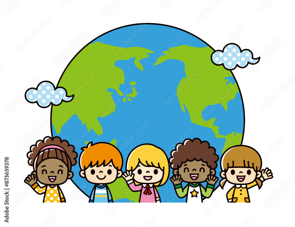 半円の地球の前に並ぶ、さまざまな人種の笑顔がかわいい子供たちのイラスト。アメリカ人やアジア人の子供たち。 半円の地球の前に並ぶ、さまざまな人種の笑顔がかわいい子供たちのイラスト。アメリカ人やアジア人の子供たち。