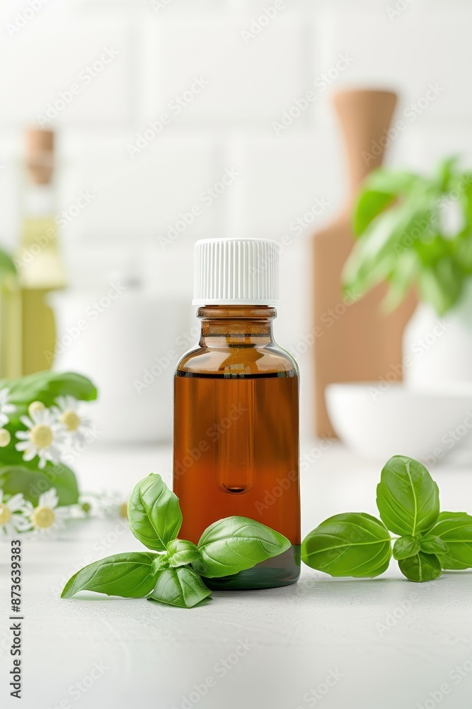 Basil Extract in a chic bottle, with basil leaves and flowers, set against a kitchen backdrop, photorealistic and natural beauty Basil Extract in a chic bottle, with basil leaves and flowers, set against a kitchen backdrop, photorealistic and natural beauty