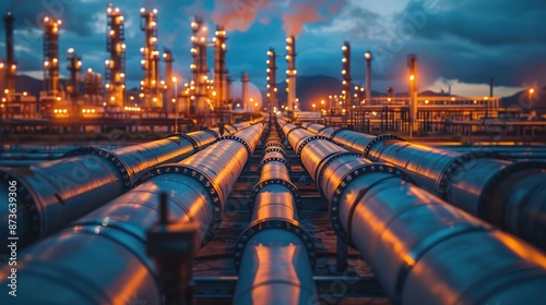 A detailed view of industrial pipelines at dusk, with factory lights illuminating the scene, representing the energy and manufacturing industries