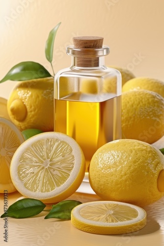 Lemon Oil in a sleek glass container, with lemon slices and leaves, set against a bright, sunny backdrop, photorealistic and natural beauty